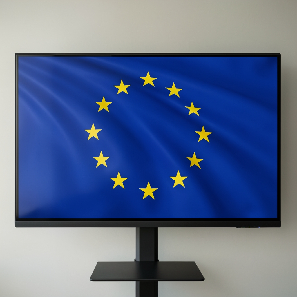 Karta Europe s označenim državama EU prikazana na digitalnom ekranu uz EU zastavu