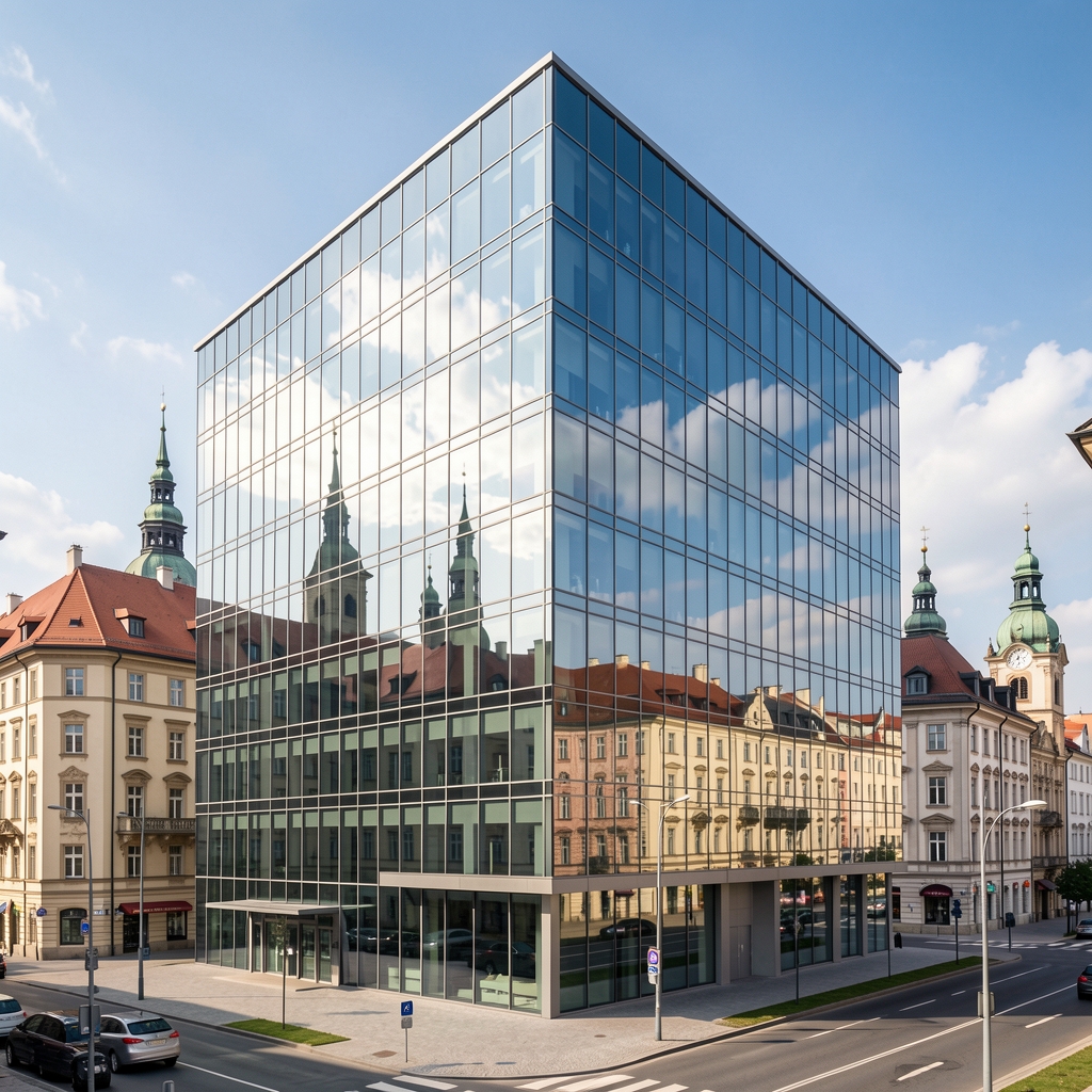 Moderna staklena poslovna zgrada u centru Zagreba s odrazima neba i obližnjih tornjeva