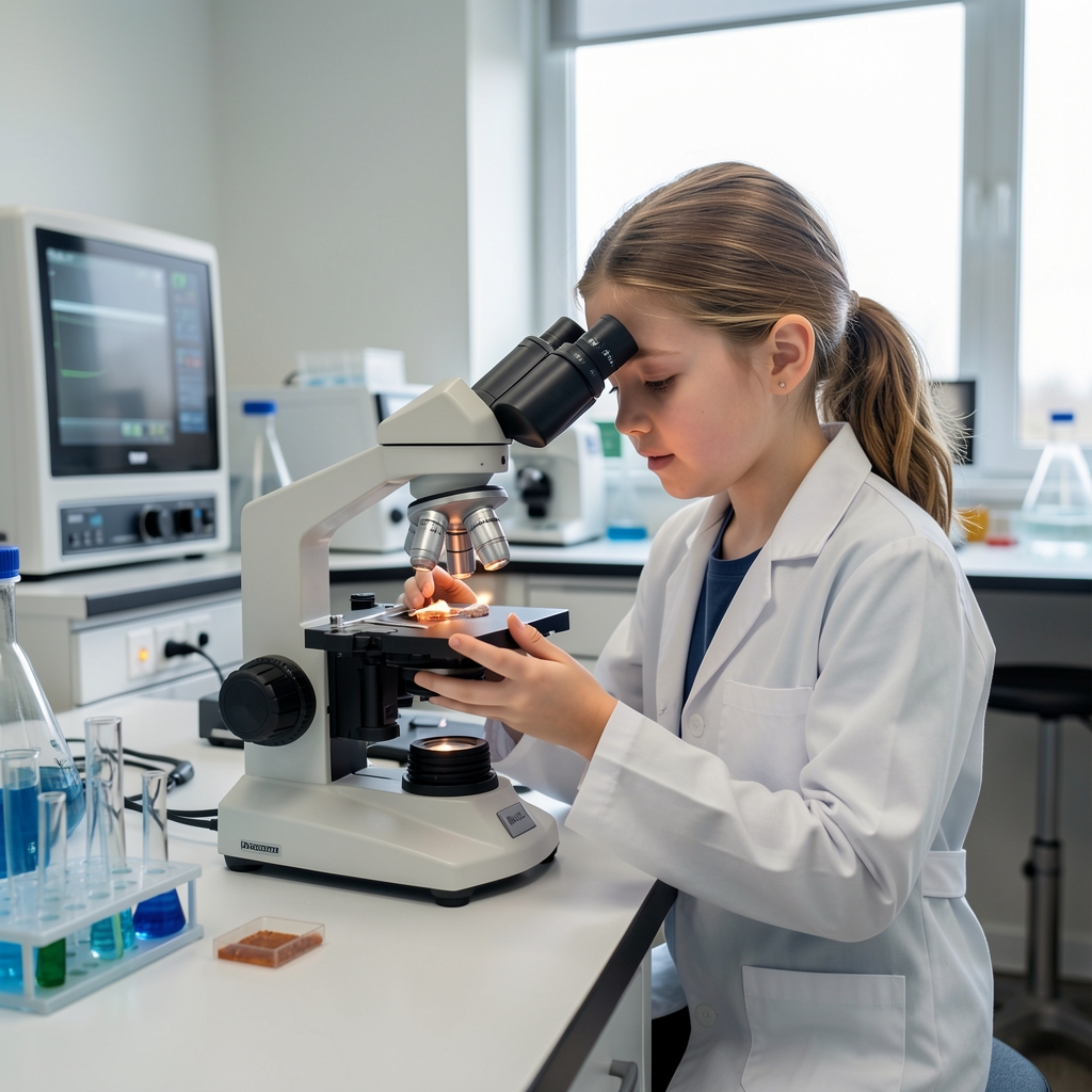 Istraživačica u laboratoriju pregledava uzorke pod mikroskopom, moderna oprema u pozadini