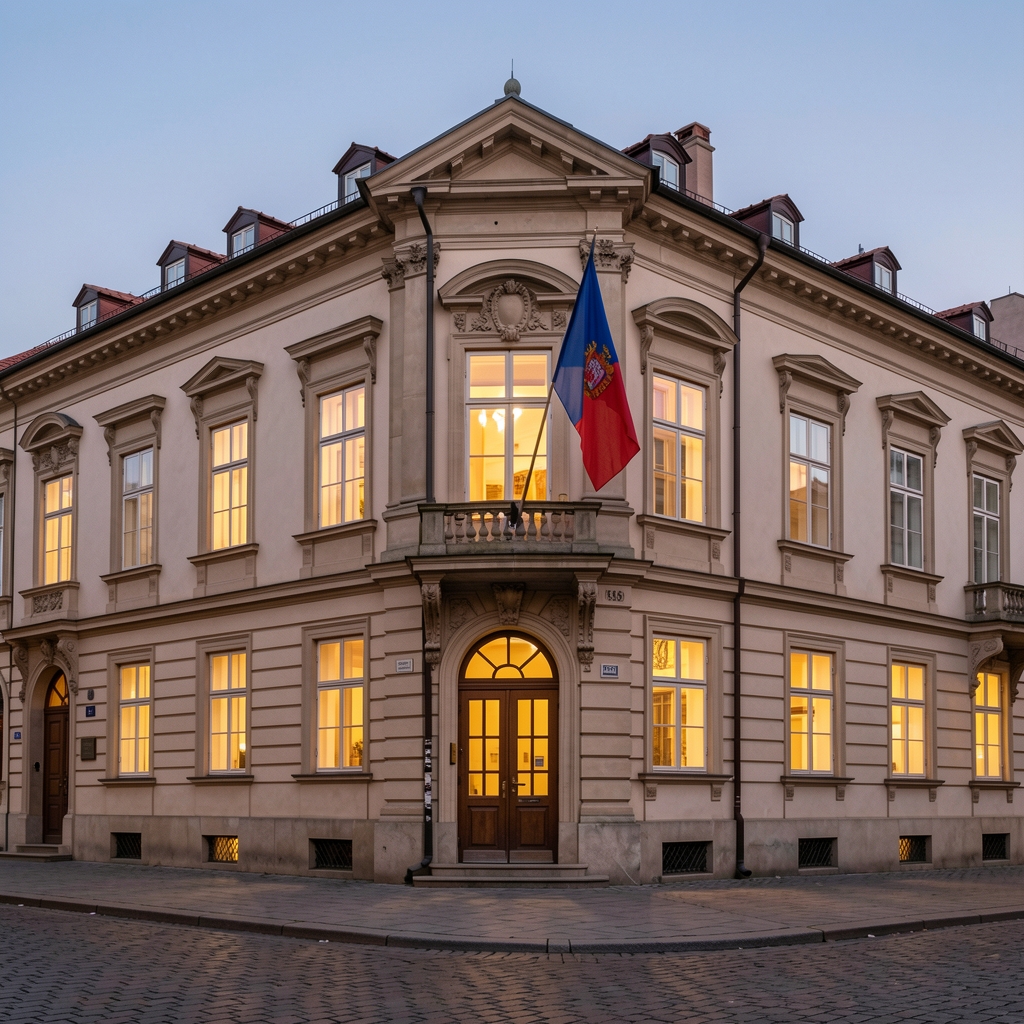 Hrvatsko Sabor zgrada u Zagrebu, večernji snimak s osvjetljenim prozorima i državnom zastavom