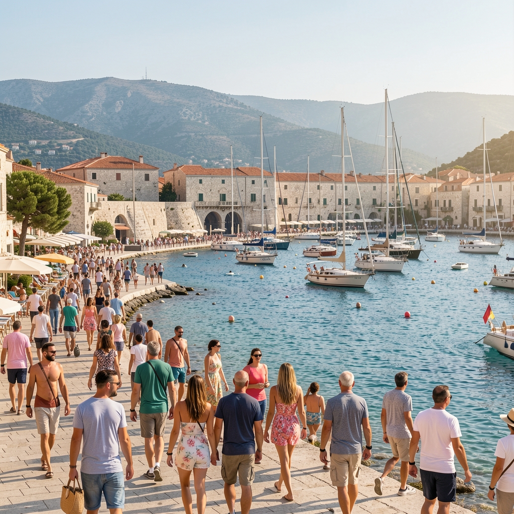 Turistička šetnica u Splitu puna ljetnih posjetitelja uz more i jedrilice u pozadini