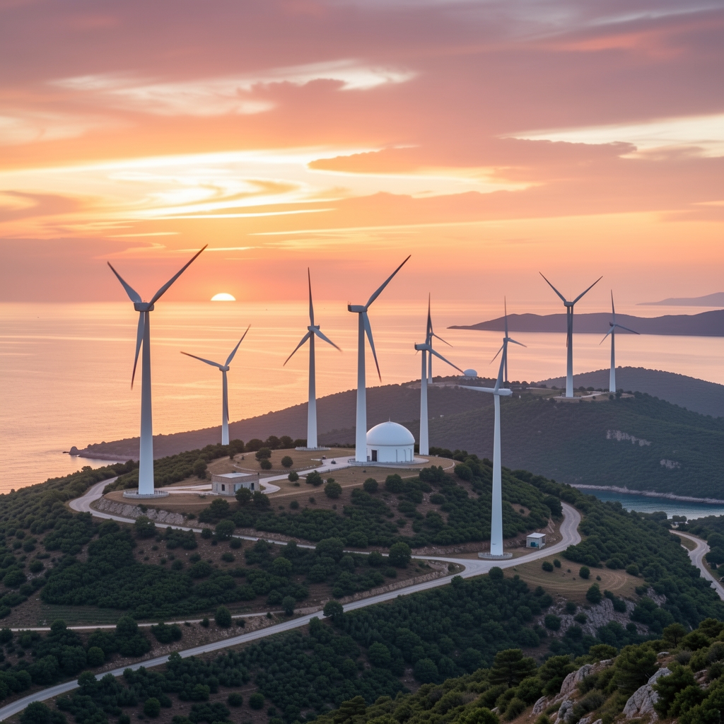 Vjetroelektrana uz jadranski krajolik pri zalasku sunca, moderne turbine na brdu
