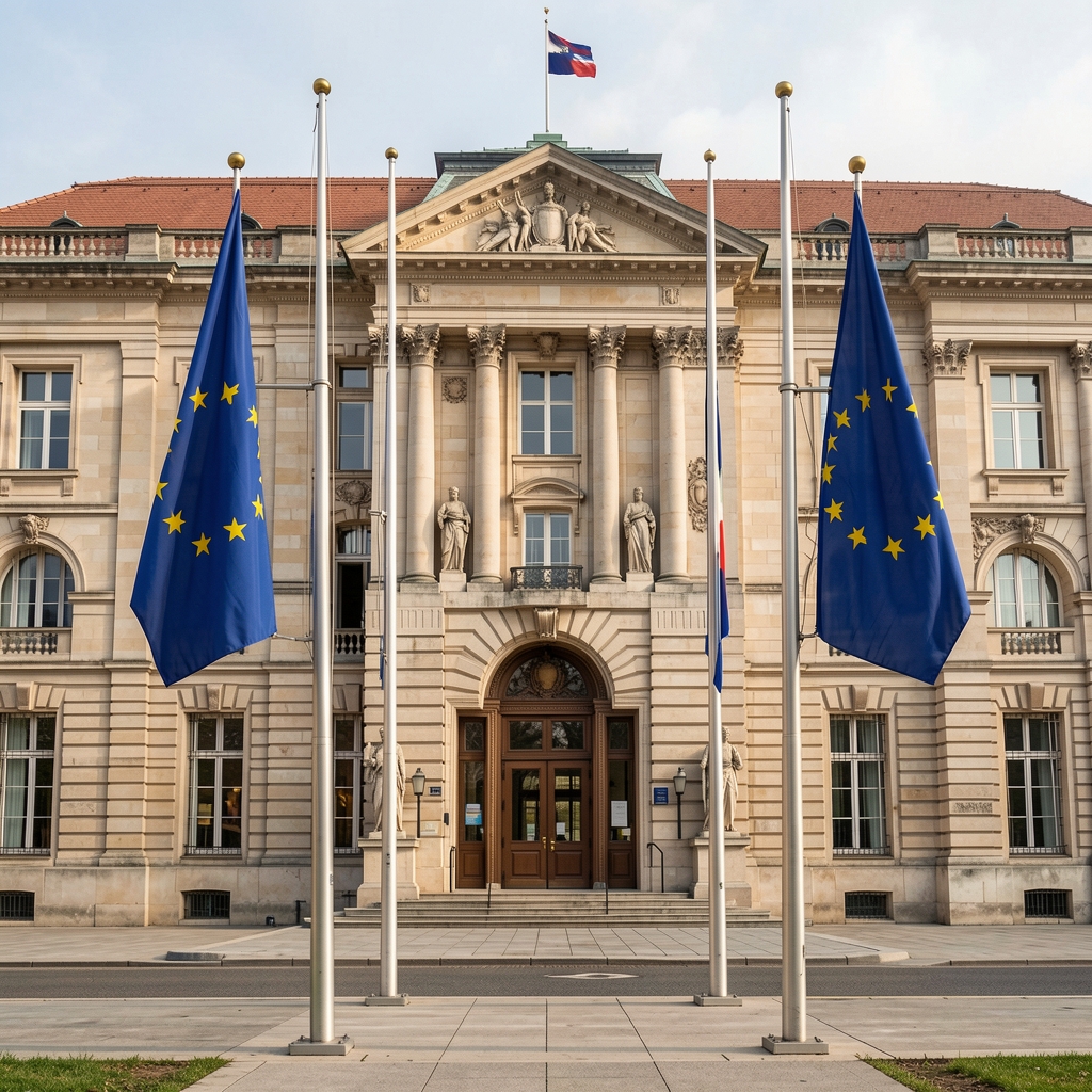 Zgrada Europskog parlamenta u Strasbourgu s europskim zastavama ispred ulaza