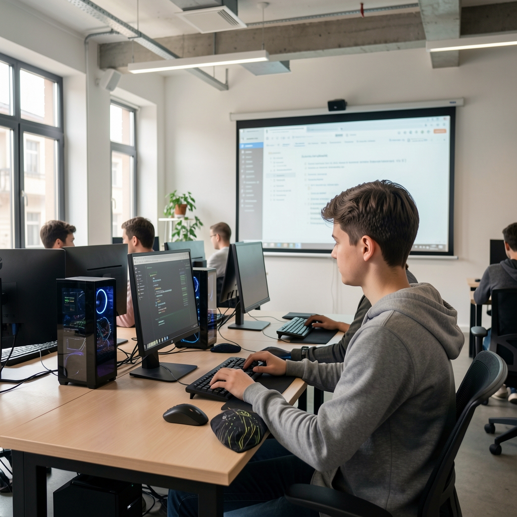 Moderan startup ured u Zagrebu s mladim programerima koji rade na laptopima, minimalistički dizajn ureda