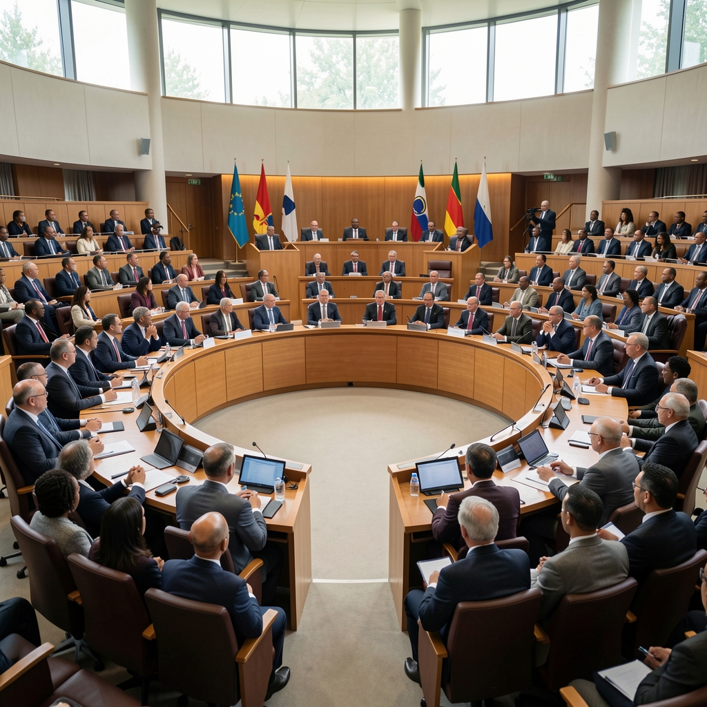 Međunarodna konferencija o klimatskim promjenama s delegatima iz cijelog svijeta sjedećima u polukružnoj dvorani