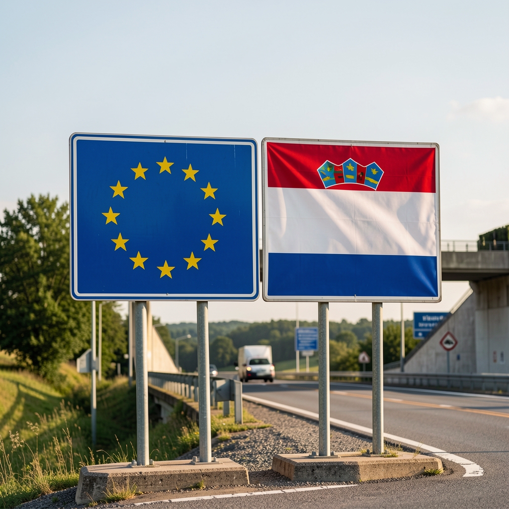 Ploča s natpisom Europska unija i hrvatska zastava postavljene jedna uz drugu na graničnom prijelazu