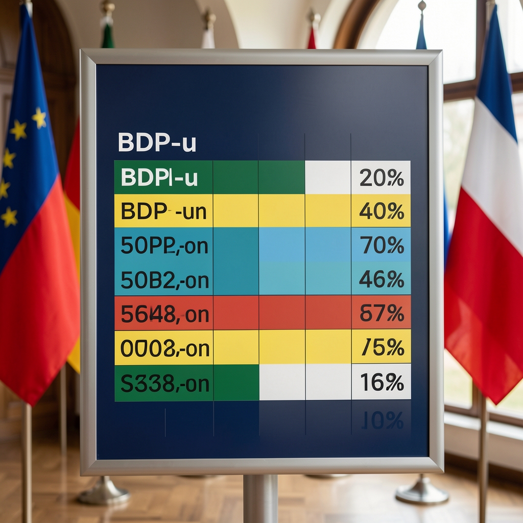 Tablica s podacima o BDP-u i ekonomskim pokazateljima u boji, europske zastave u pozadini
