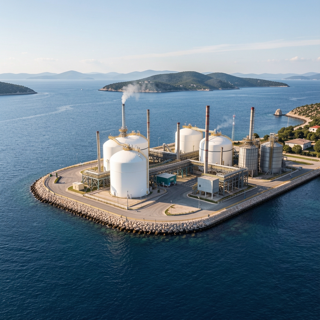 Plin i naftni terminali na Jadranu pri sutonu, industrijska postrojenja u dalekoj pozadini
