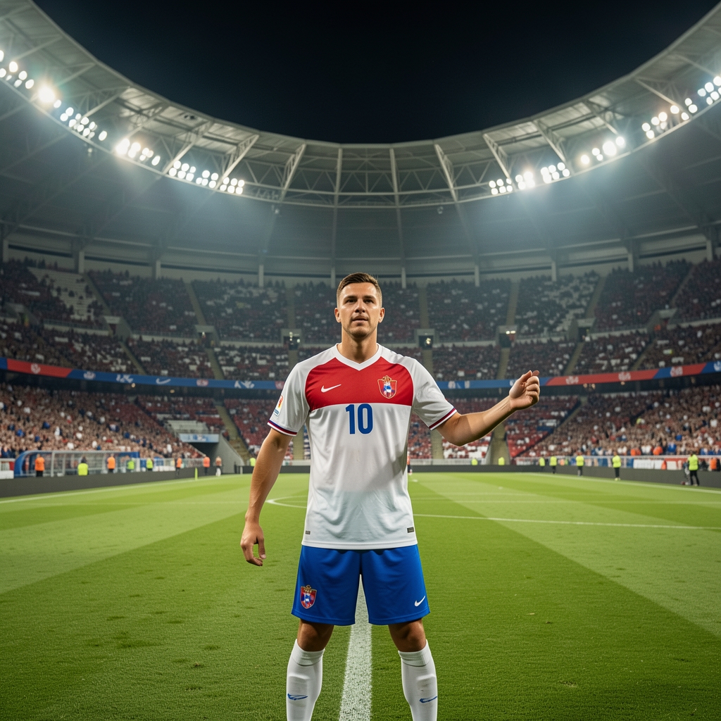 Hrvatska reprezentacija u dresu s brojem 10 na utakmici punog stadiona pod reflektorima