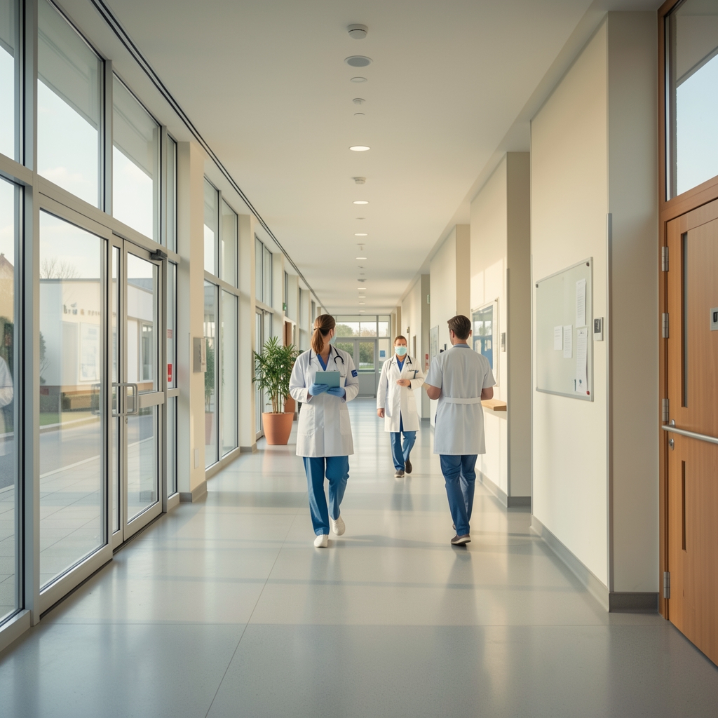 Moderna bolnica u Hrvatskoj s lijepim ulaznim prostorom, medicinsko osoblje prolazi hodnikom