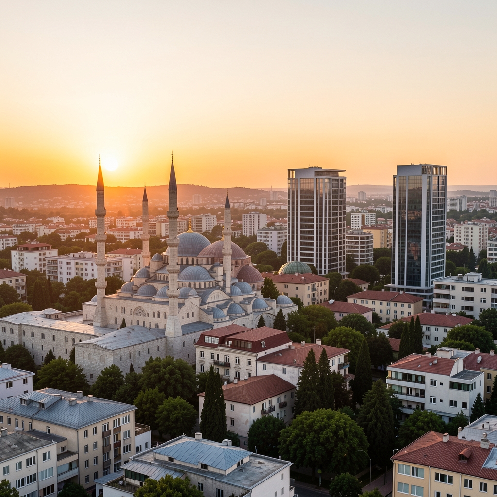 Panoramski pogled na grad na Bliskom Istoku s minaretima i modernim zgradama u zalasku sunca