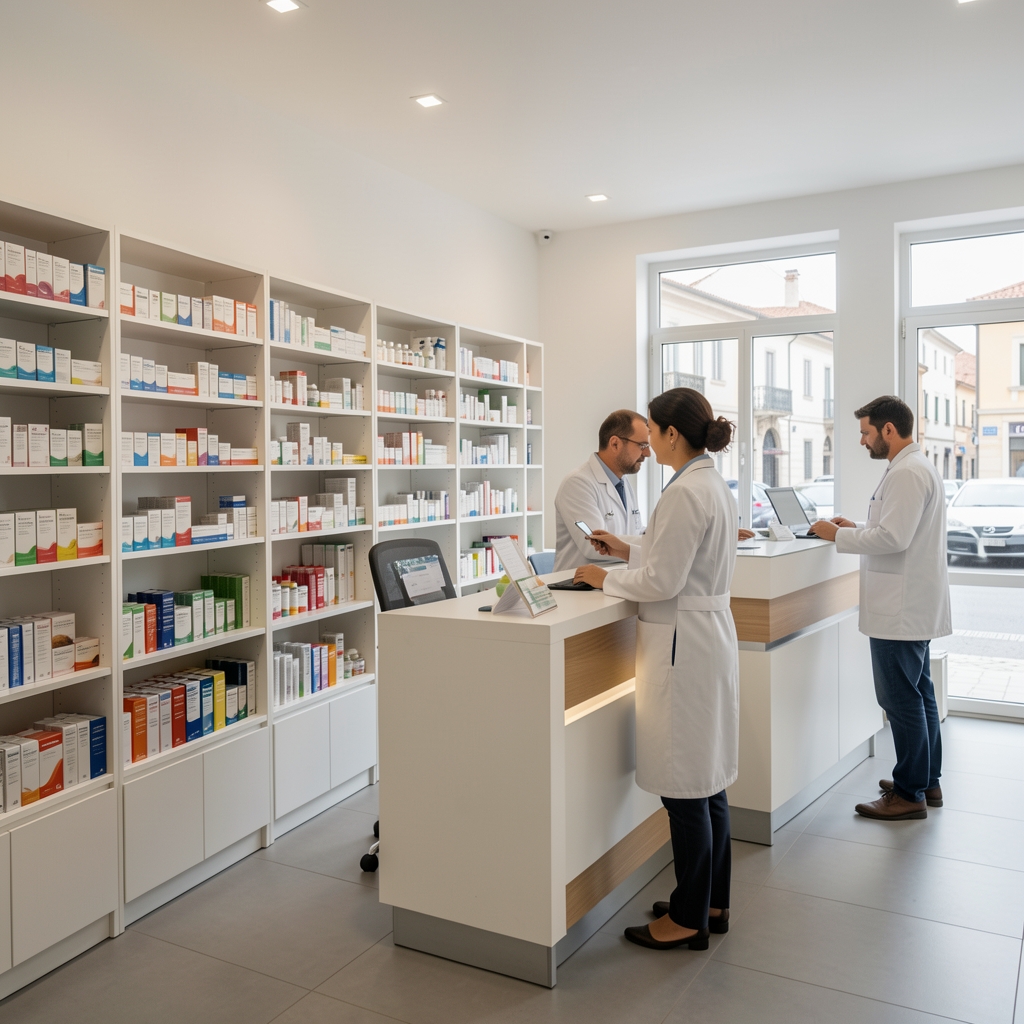 Interijer moderne ljekarne u Splitu, polica s lijekovima, farmaceut za šalterom pomaže kupcu