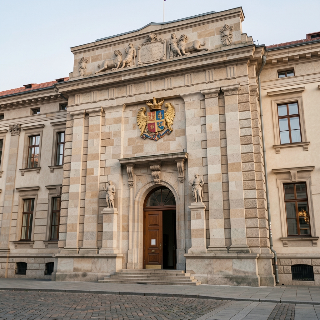 Ulaz u zgradu Vlade Republike Hrvatske u Zagrebu s kamenim pročeljem i državnim grbom