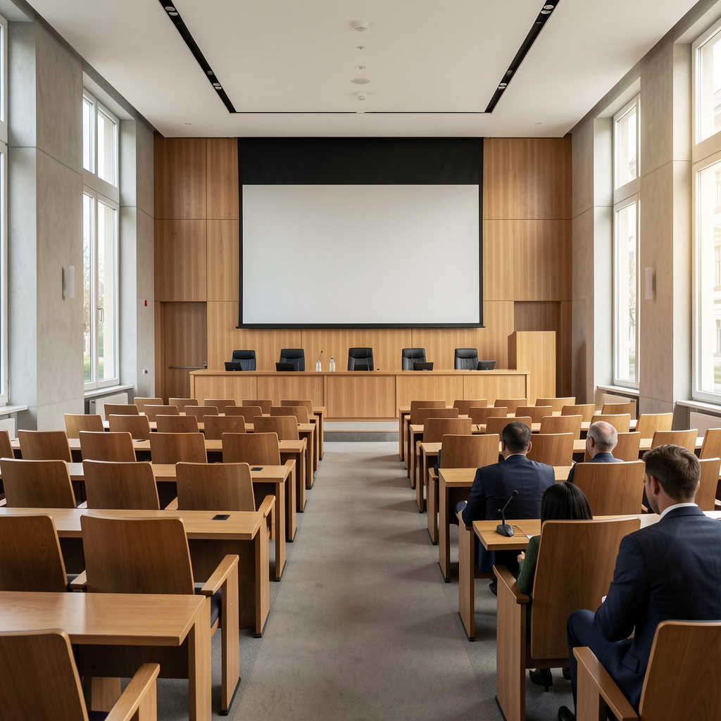 Vijećnica splitskog gradskog parlamenta, moderno uređena sala s klupama i zaslonom