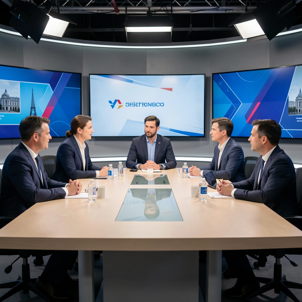 Moderatori i sudionici televizijske debate o politici za stolom u studiju s ekranima u pozadini