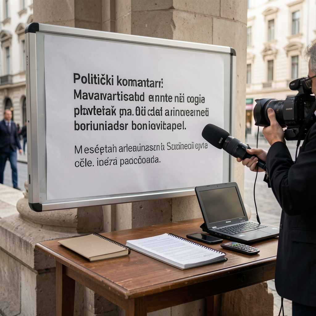 Politički komentar na ploči, ruka novinara u kolumni, novinarski stol s bilježnicom i prijenosnim računalom
