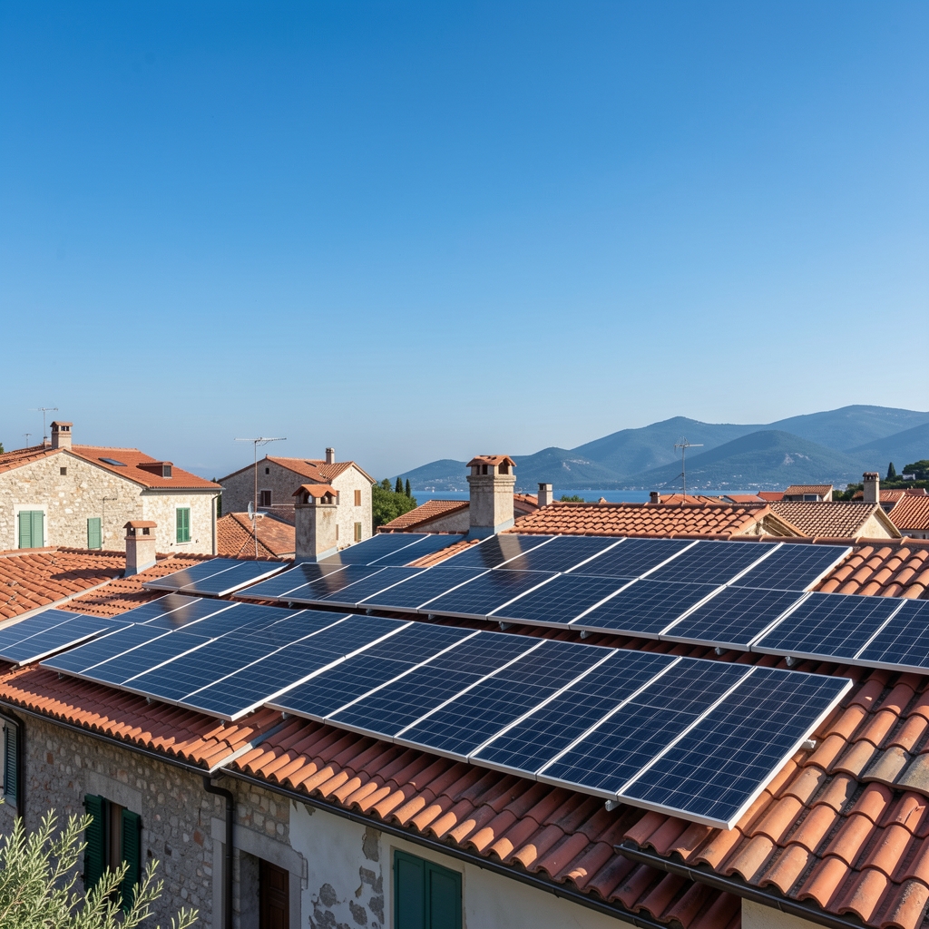Solarni paneli na krovu kuće u ruralnom području Hrvatske s jasnim plavim nebom
