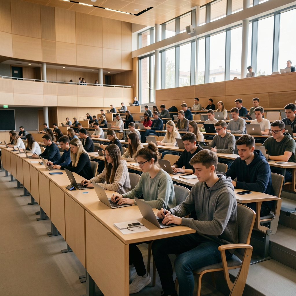 Sveučilišni studenti na predavanju u modernoj amfiteatru, bilježe na laptopima