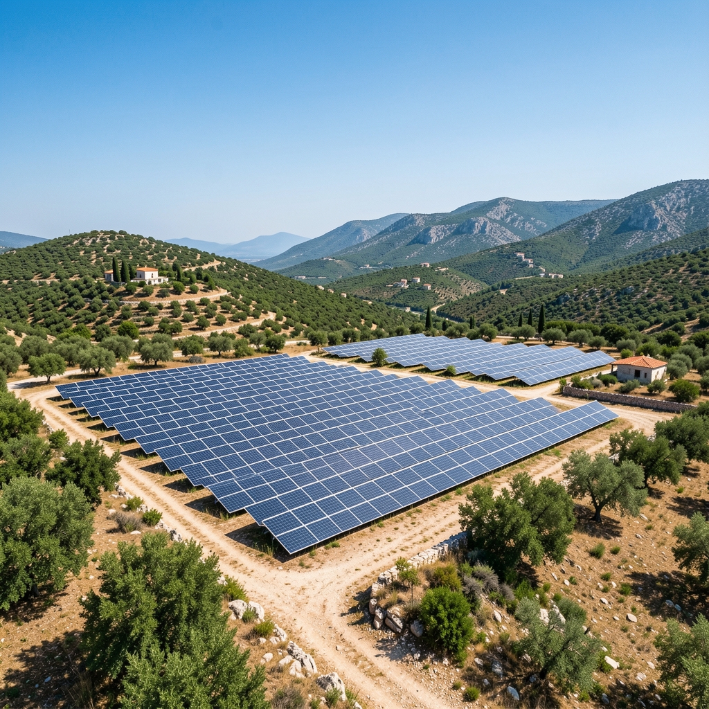 Polje solarnih panela na dalmatinskom kršu u sunčanom danu, zelena energija u mediteranskom krajoliku