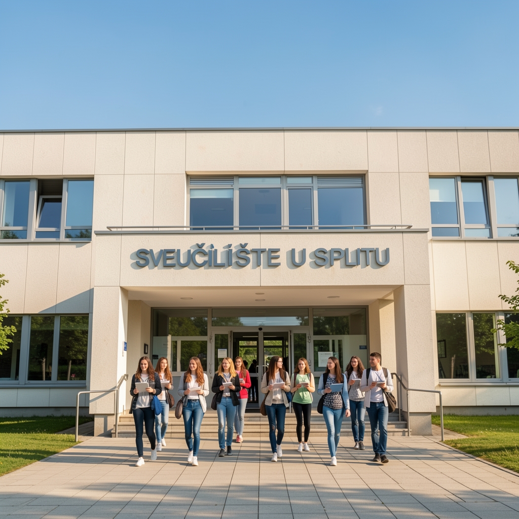 Sveučilište u Splitu, moderno sveučilišno zdanje s studentima ispred ulaza na sunčanom proljetnom danu