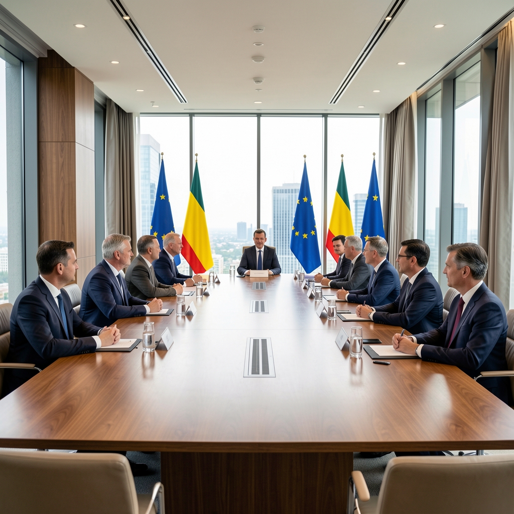 Diplomatski sastanak čelnika europskih zemalja u modernoj konferencijskoj dvorani s europskim zastavama